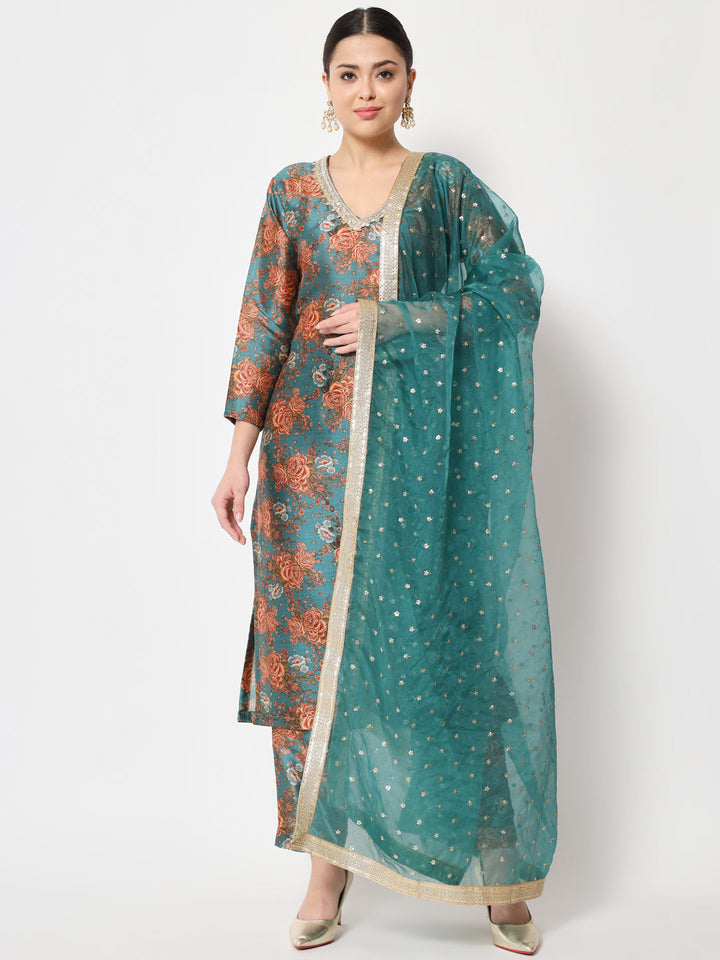 anokherang Combos Green Rust Floral Printed Silk Kurti with Pants and Organza Sequin Dupatta