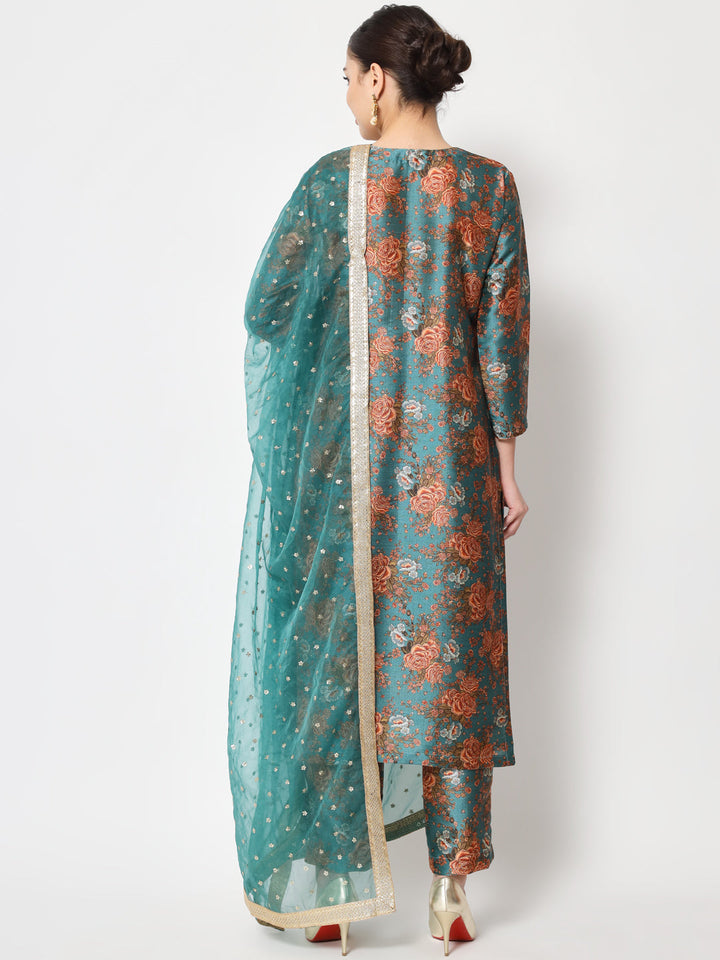 anokherang Combos Green Rust Floral Printed Silk Kurti with Pants and Organza Sequin Dupatta
