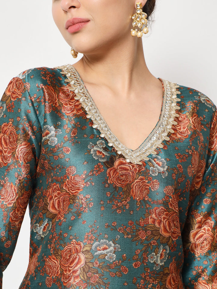 anokherang Combos Green Rust Floral Printed Silk Kurti with Pants and Organza Sequin Dupatta