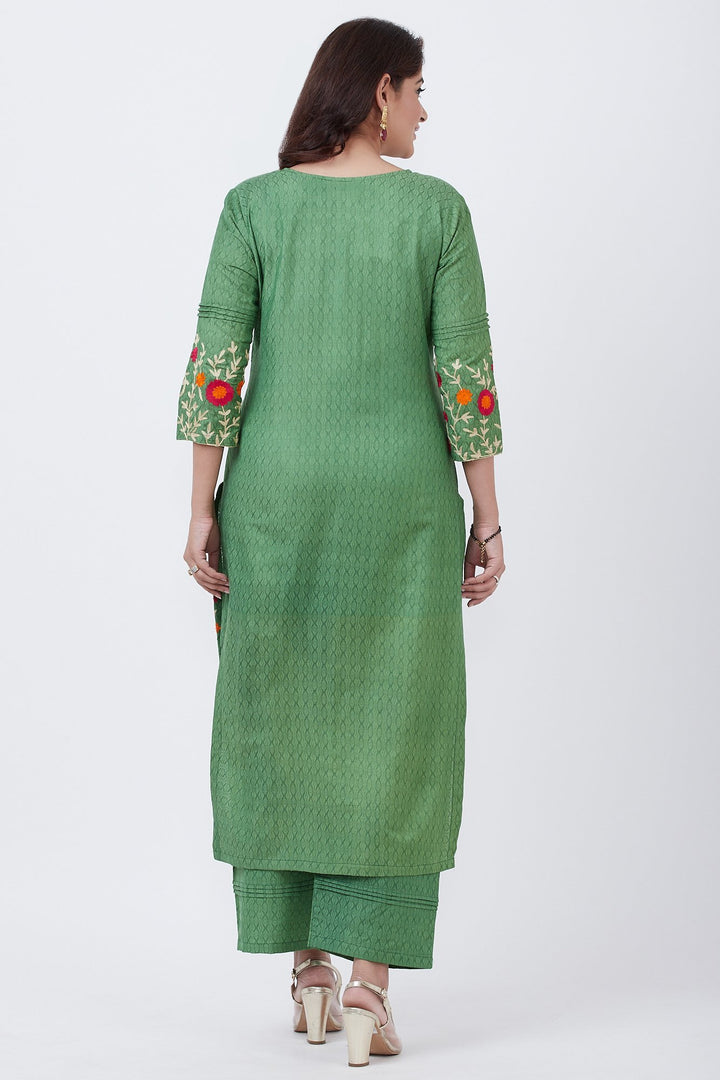 anokherang Combos Green Self Silk Embroiderd Kurti with Palazzo