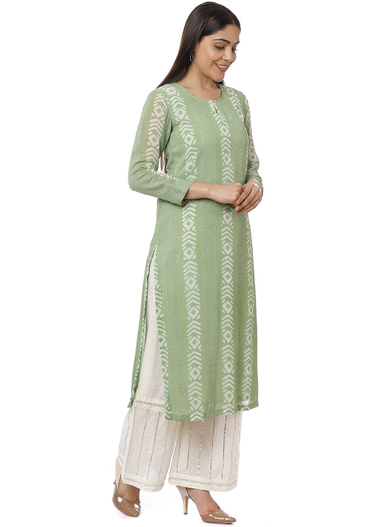anokherang Combos Green Sequence Lines Kurti with Gota Palazzos