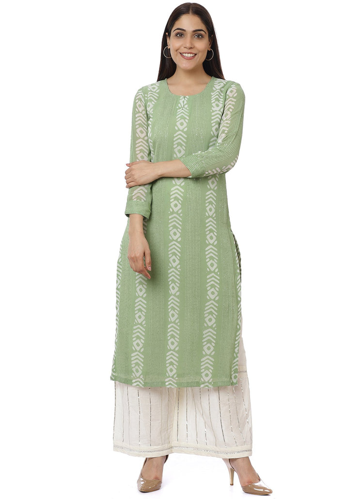 anokherang Combos Green Sequence Lines Kurti with Gota Palazzos
