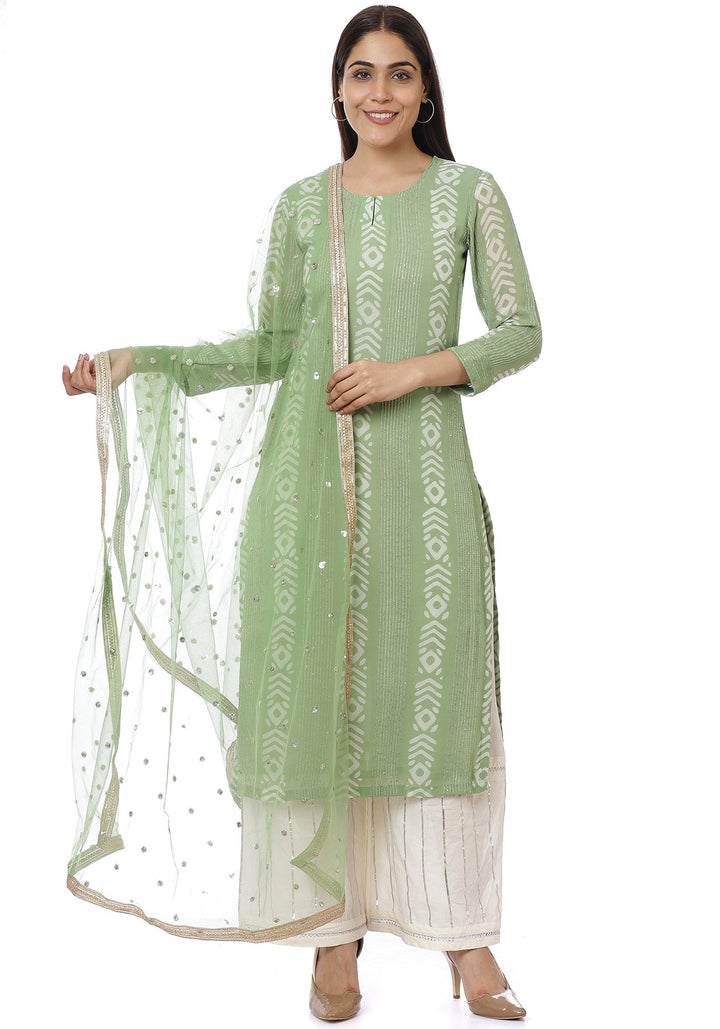 anokherang Combos Green Sequence Lines Kurti with Gota Palazzos and Net Sequin Dupatta