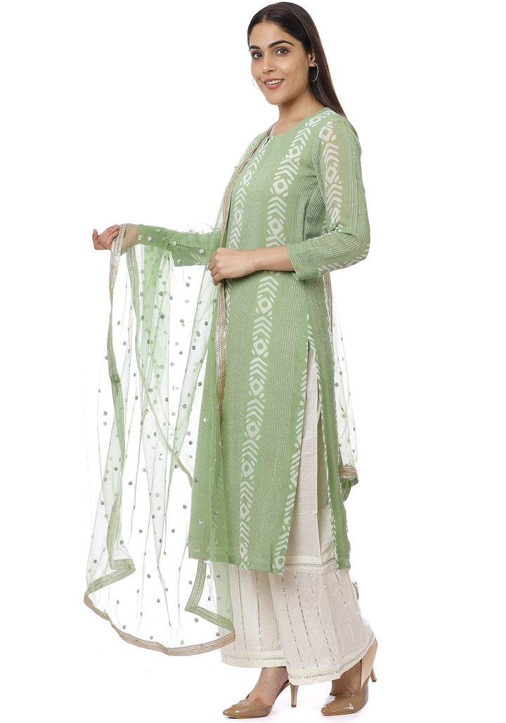 anokherang Combos Green Sequence Lines Kurti with Gota Palazzos and Net Sequin Dupatta