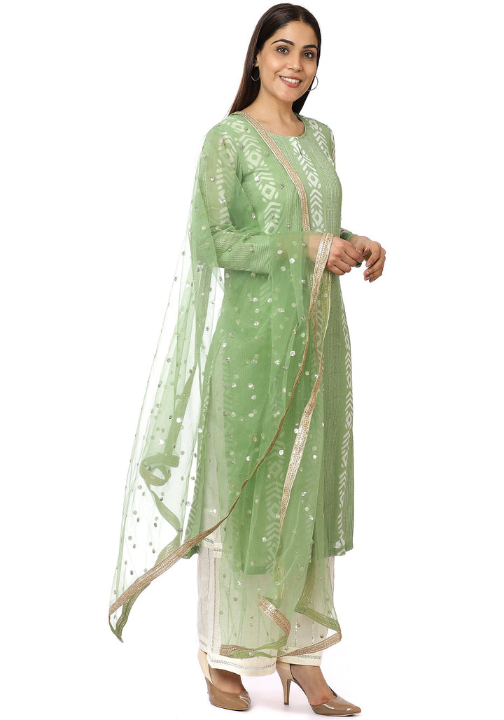 anokherang Combos Green Sequence Lines Kurti with Gota Palazzos and Net Sequin Dupatta