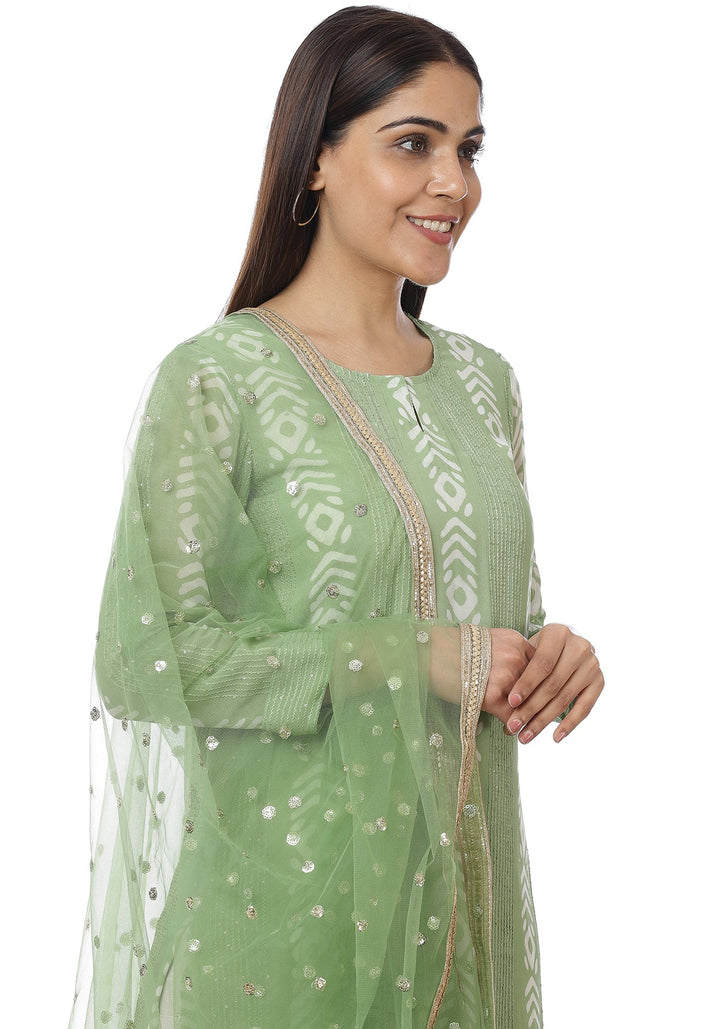 anokherang Combos Green Sequence Lines Kurti with Gota Palazzos and Net Sequin Dupatta