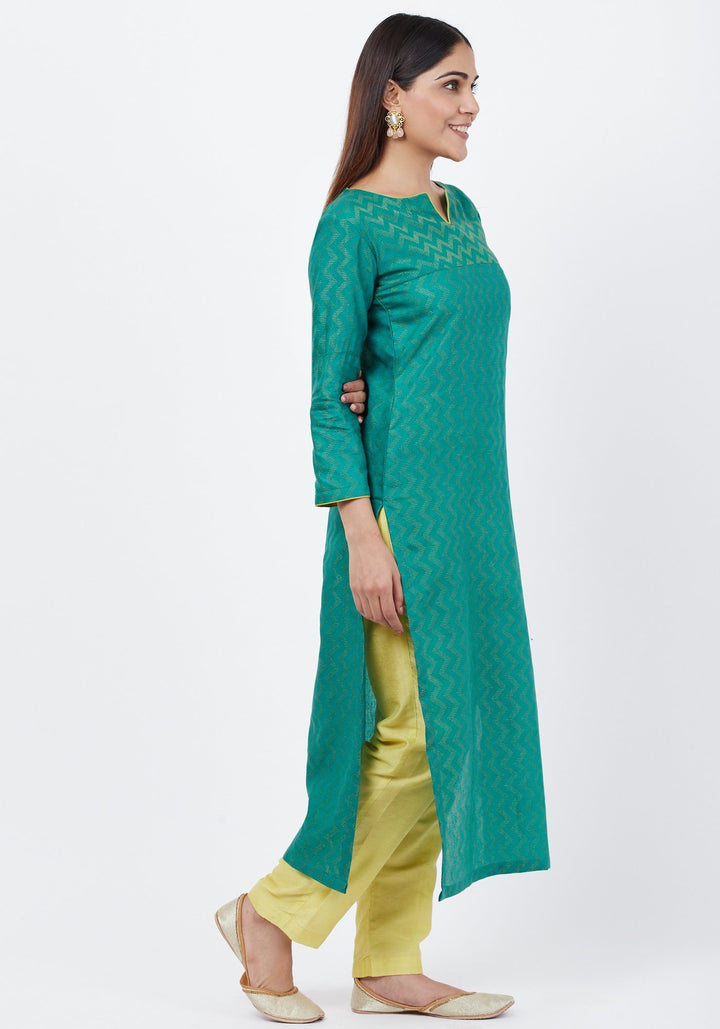 anokherang Combos Green Silk Self Embroidered Kurti with Straight Pants