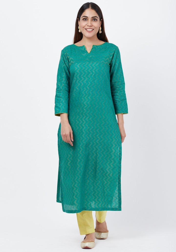 anokherang Combos Green Silk Self Embroidered Kurti with Straight Pants