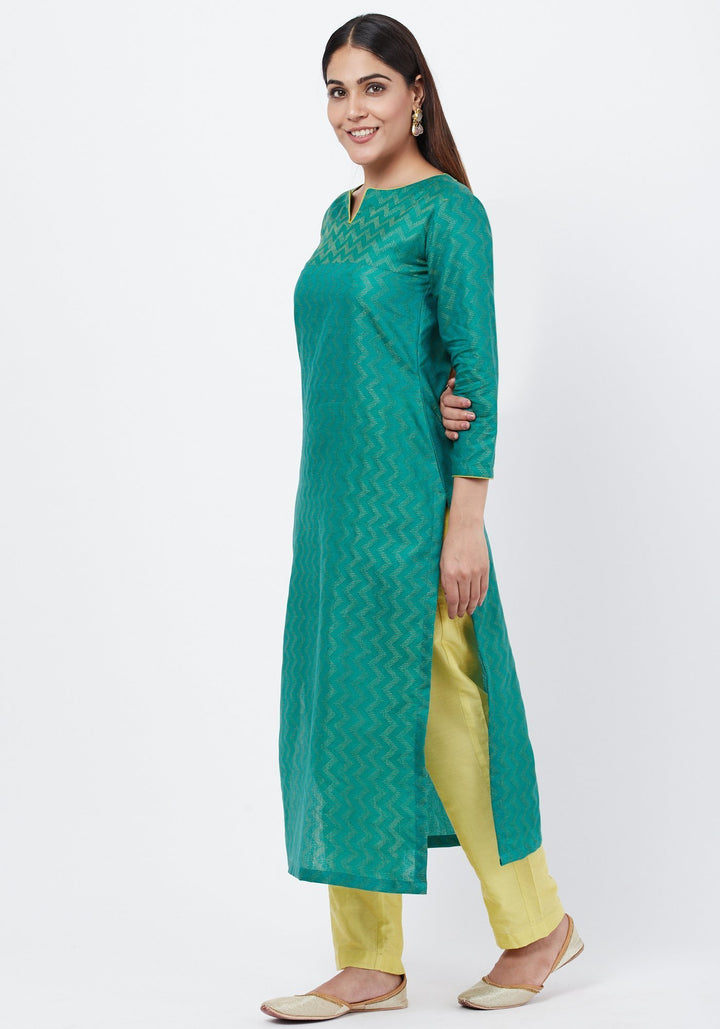 anokherang Combos Green Silk Self Embroidered Kurti with Straight Pants