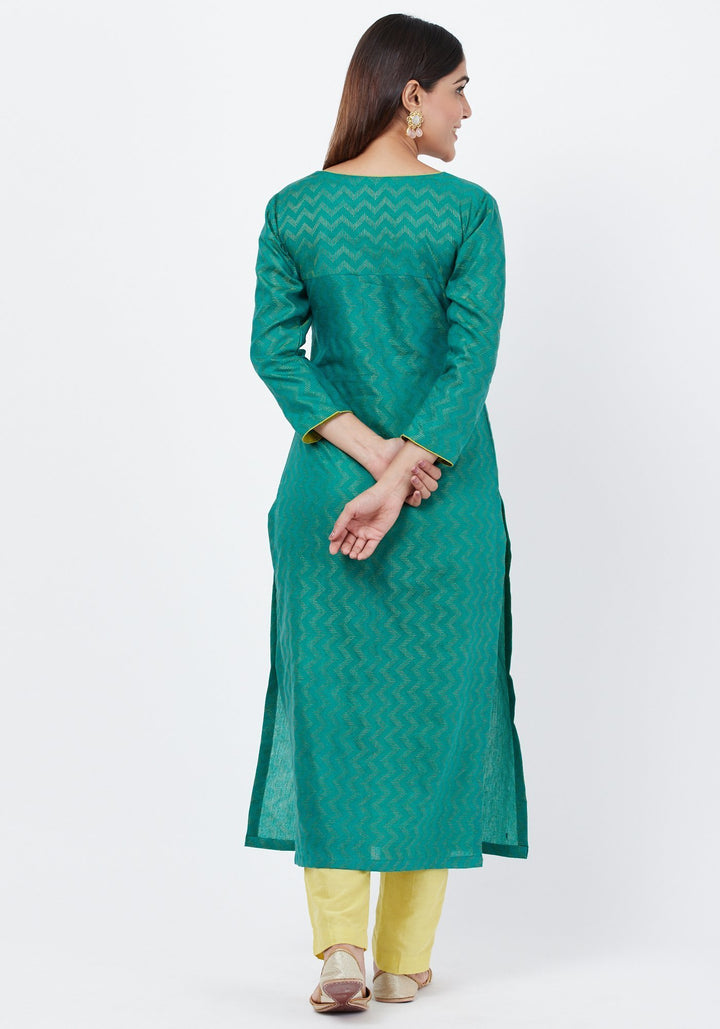 anokherang Combos Green Silk Self Embroidered Kurti with Straight Pants