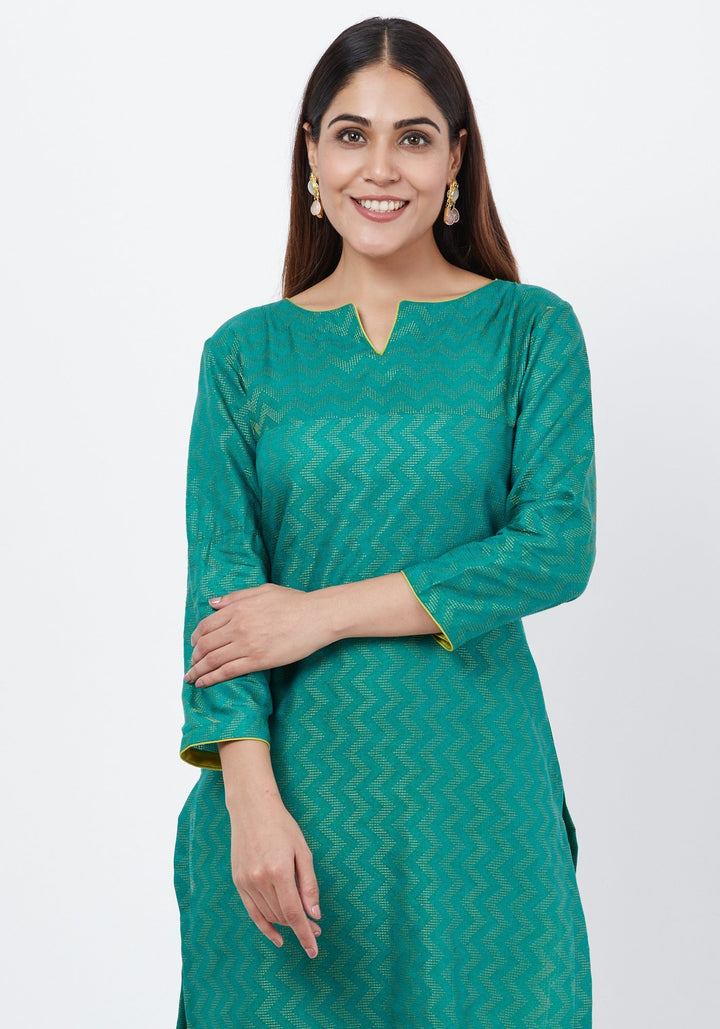 anokherang Combos Green Silk Self Embroidered Kurti with Straight Pants