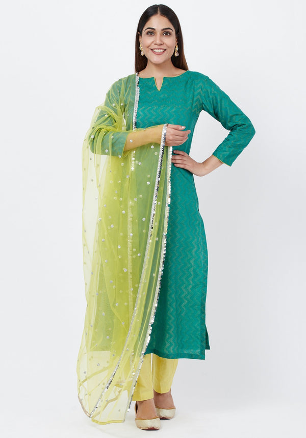 anokherang Combos Green Silk Self Embroidered Kurti with Straight Pants and Sequenced Dupatta