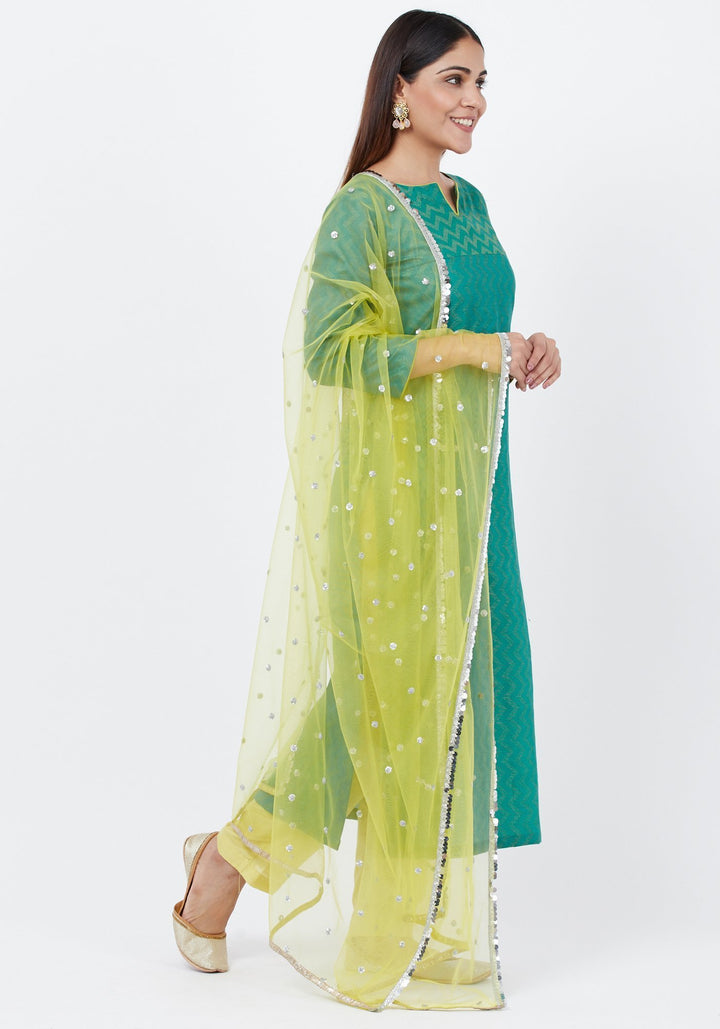 anokherang Combos Green Silk Self Embroidered Kurti with Straight Pants and Sequenced Dupatta
