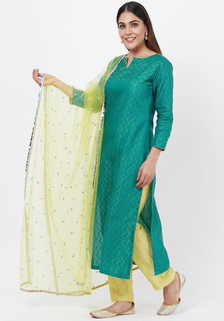 anokherang Combos Green Silk Self Embroidered Kurti with Straight Pants and Sequenced Dupatta
