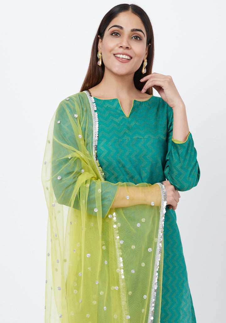 anokherang Combos Green Silk Self Embroidered Kurti with Straight Pants and Sequenced Dupatta