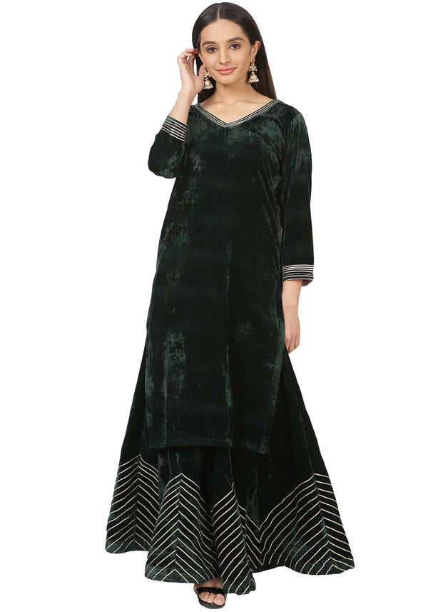 anokherang Combos Green Velvet Short Kurti with Skirt
