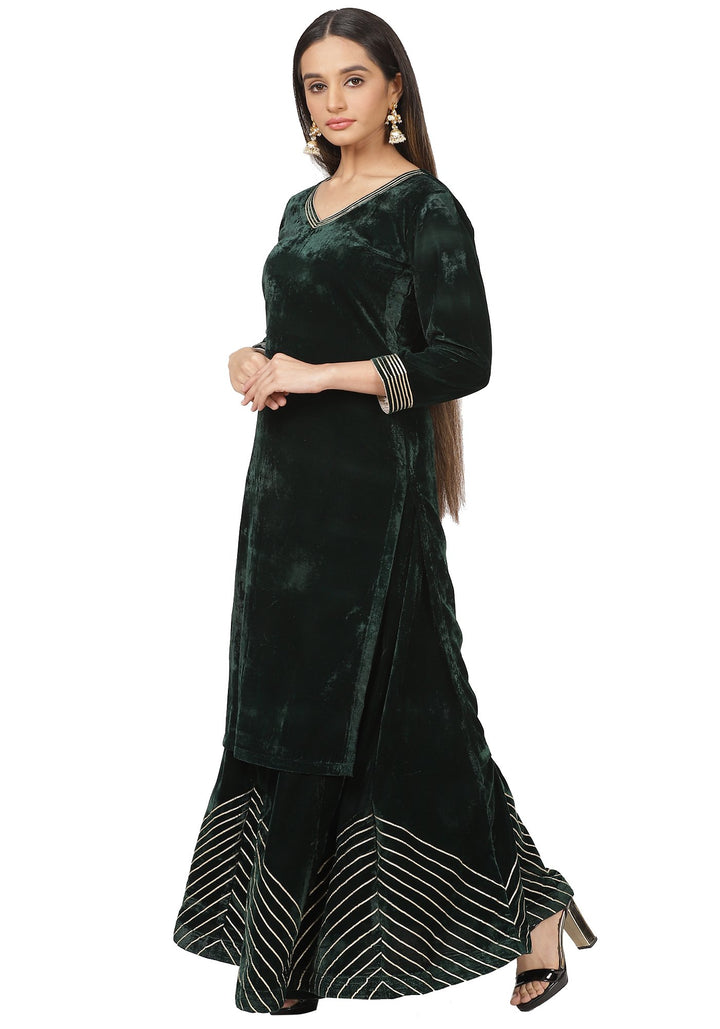 anokherang Combos Green Velvet Short Kurti with Skirt