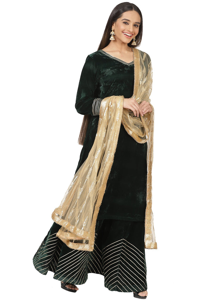 anokherang Combos Green Velvet Short Kurti with Skirt and Gold Sequins Trail Dupatta