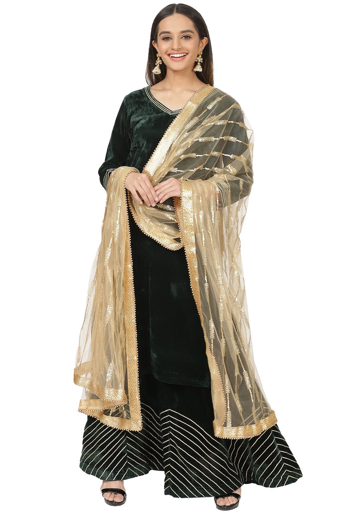 anokherang Combos Green Velvet Short Kurti with Skirt and Gold Sequins Trail Dupatta