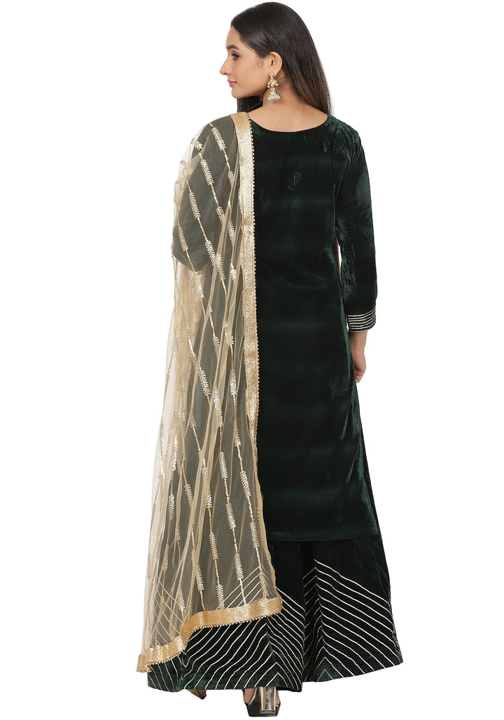 anokherang Combos Green Velvet Short Kurti with Skirt and Gold Sequins Trail Dupatta