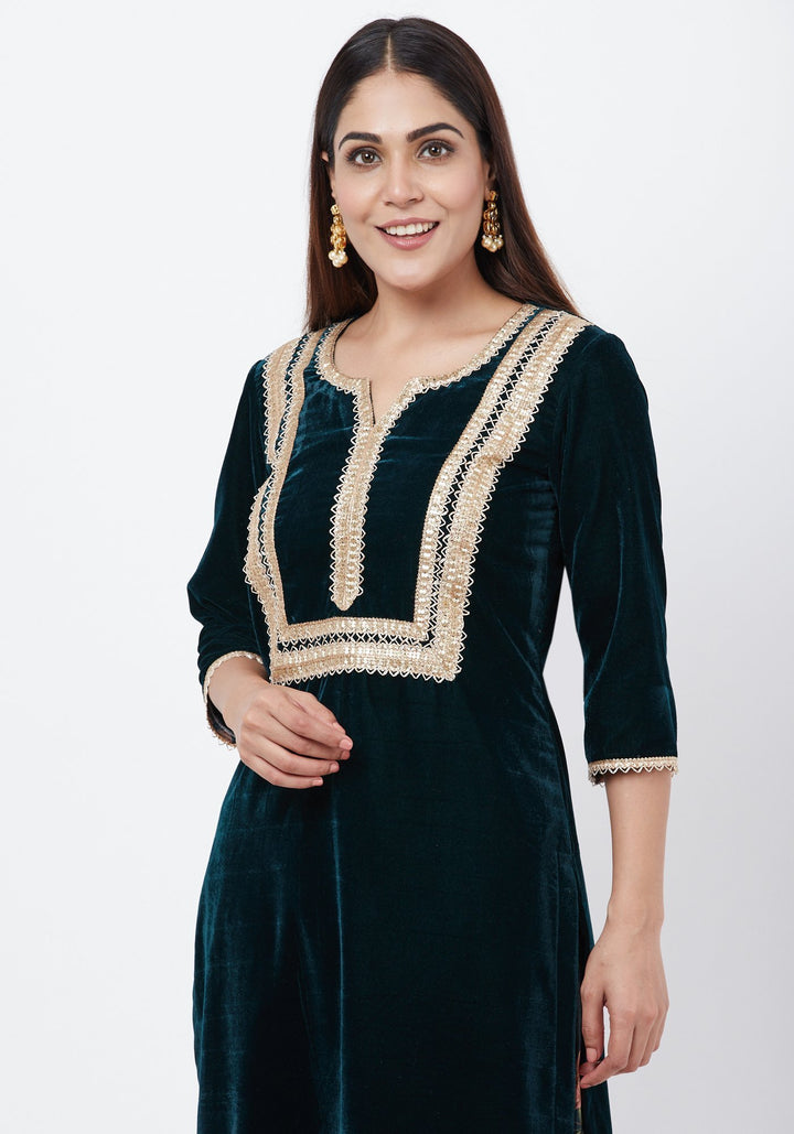 anokherang Combos Green Velvet Straight Kurti with Printed Chanderi Palazzo