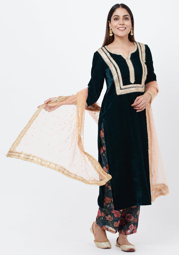 anokherang Combos Green Velvet Straight Kurti with Printed Palazzos and Peach Stone Dupatta