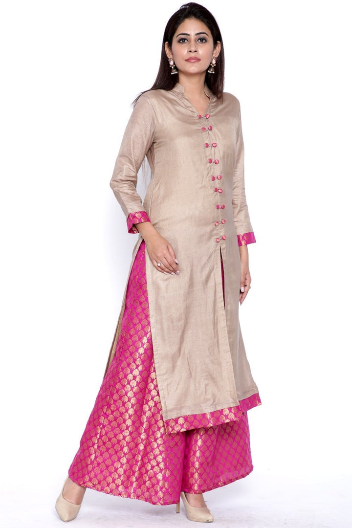 anokherang Combos Grey Buttoned Straight Kurti with Brocade Flared Palazzo