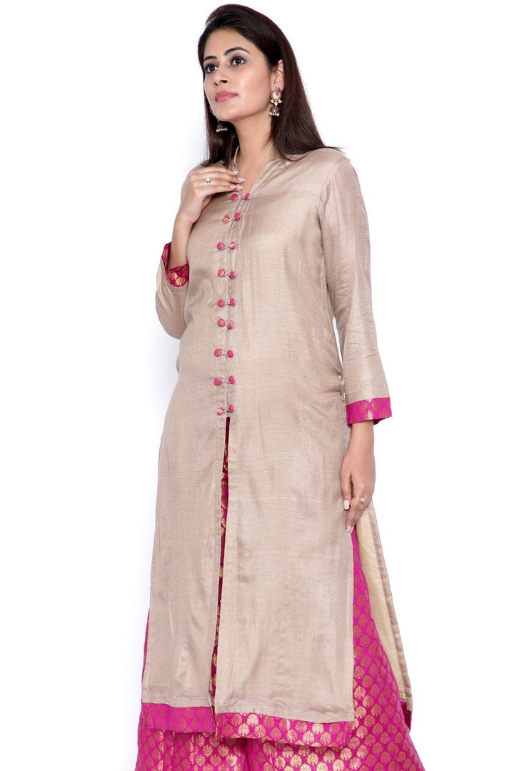 anokherang Combos Grey Buttoned Straight Kurti with Brocade Flared Palazzo