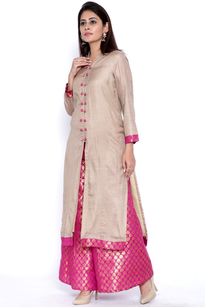 anokherang Combos Grey Buttoned Straight Kurti with Brocade Flared Palazzo