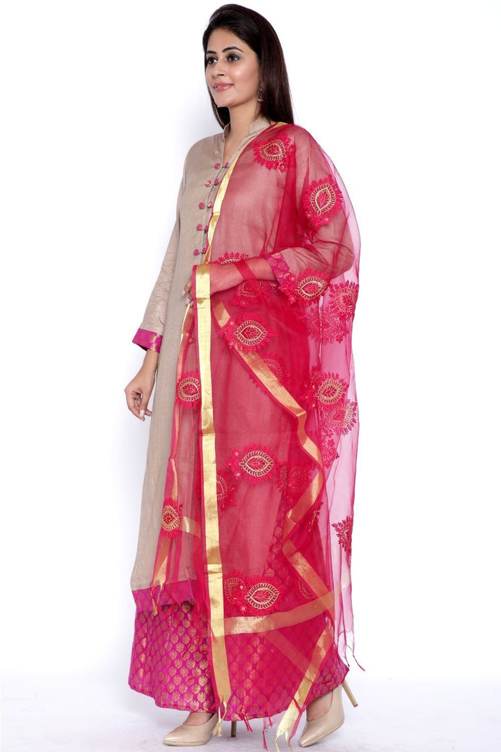 anokherang Combos Grey Buttoned Straight Kurti with Brocade Flared Palazzo and Embroidered Dupatta