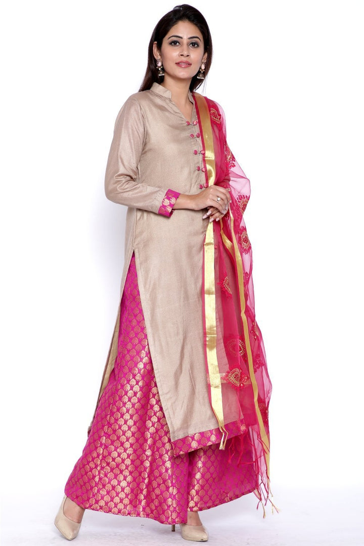 anokherang Combos Grey Buttoned Straight Kurti with Brocade Flared Palazzo and Embroidered Dupatta