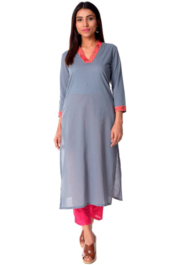 anokherang Combos Grey Neck Embroidered Straight Kurti with Straight Pants