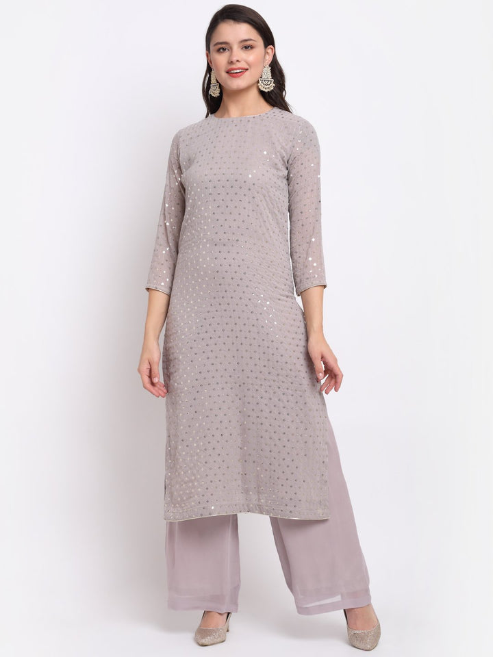 anokherang Combos Grey Sequin Line Straight Kurti with Palazzo