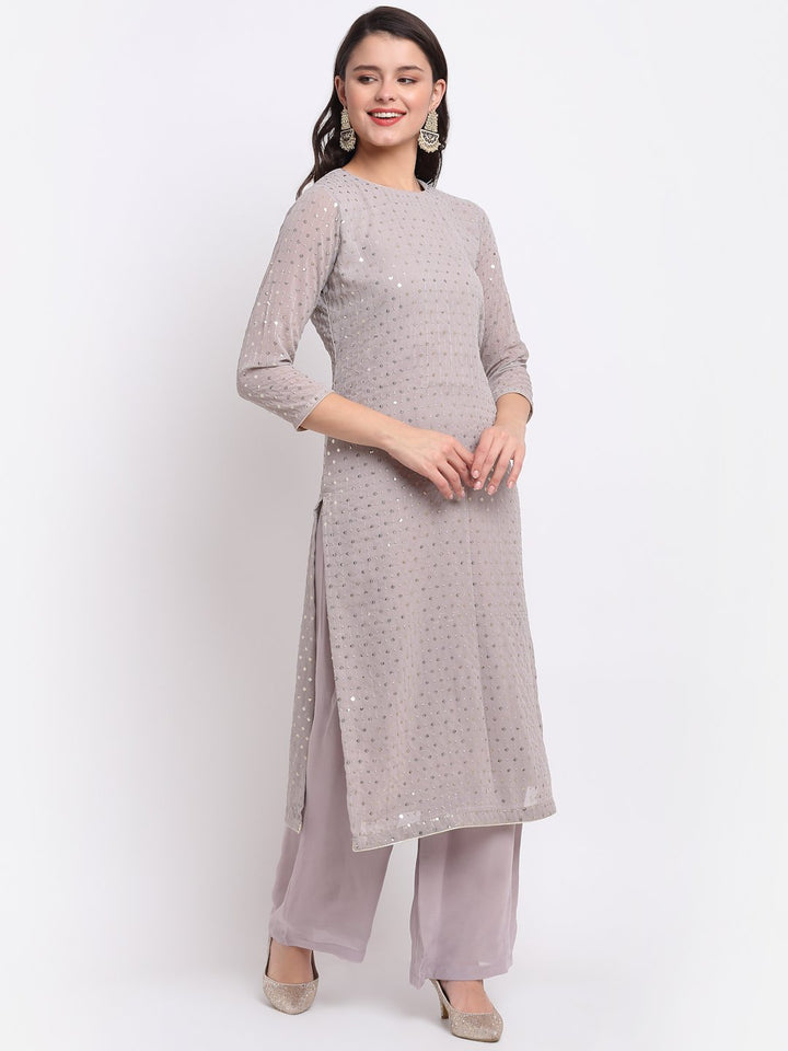 anokherang Combos Grey Sequin Line Straight Kurti with Palazzo