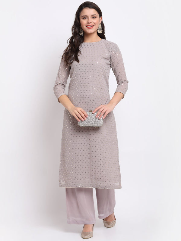 anokherang Combos Grey Sequin Line Straight Kurti with Palazzo