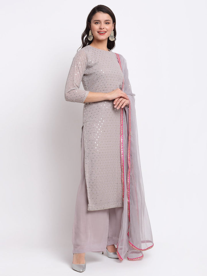 anokherang Combos Grey Sequin Line Straight Kurti with Palazzo and Mokaish Dupatta