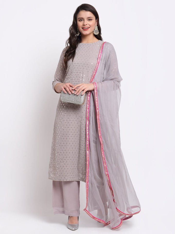 anokherang Combos Grey Sequin Line Straight Kurti with Palazzo and Mokaish Dupatta