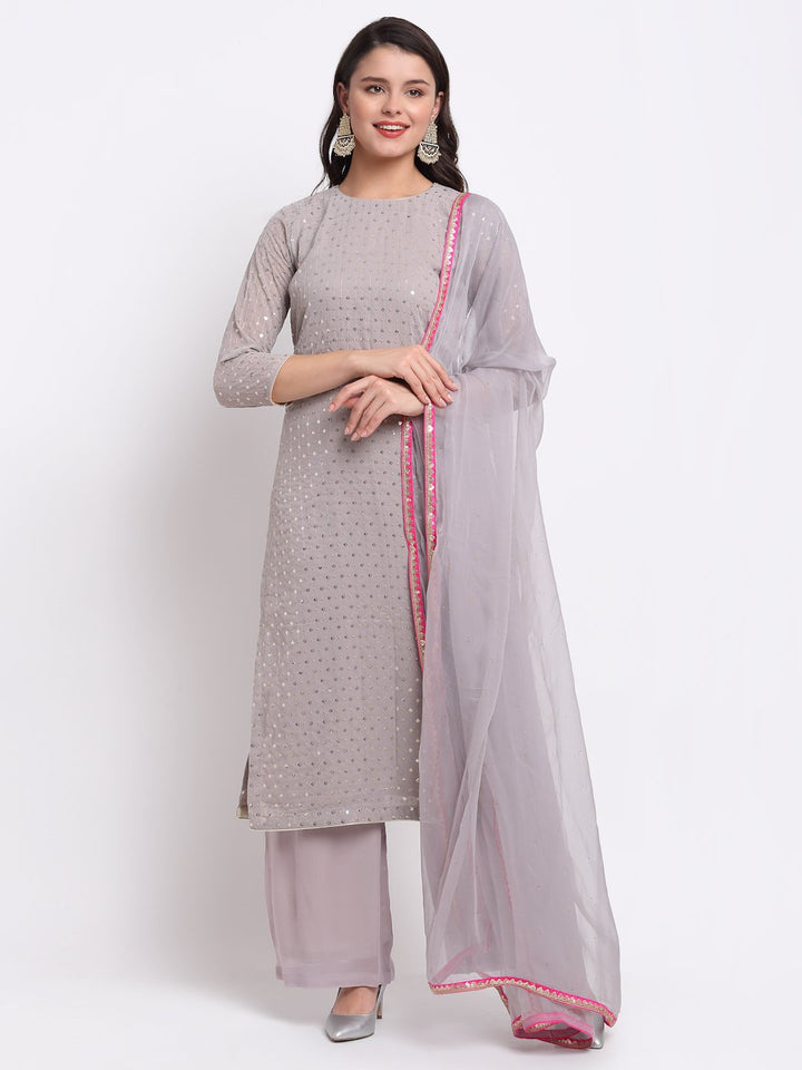 anokherang Combos Grey Sequin Line Straight Kurti with Palazzo and Mokaish Dupatta