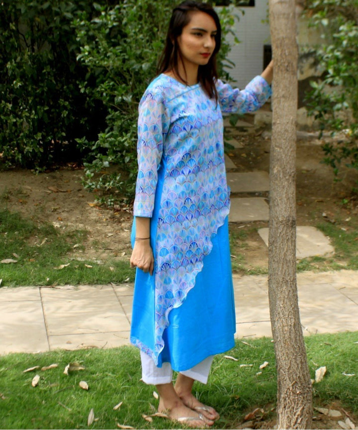 anokherang Combos Groovy Blue asymmetrical Kurti with Straight Pants