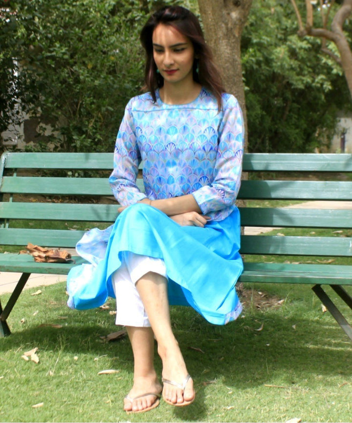 anokherang Combos Groovy Blue asymmetrical Kurti with Straight Pants