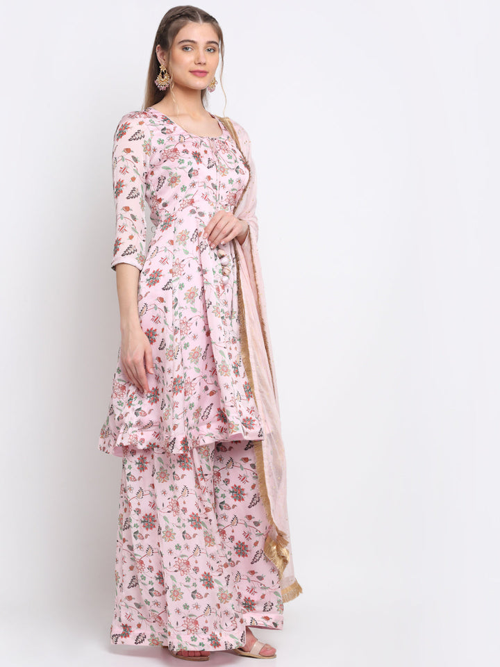 anokherang Combos Gulabri Floral Anarkali with Kalidar Palazzo with Fringed Chiffon Dupatta