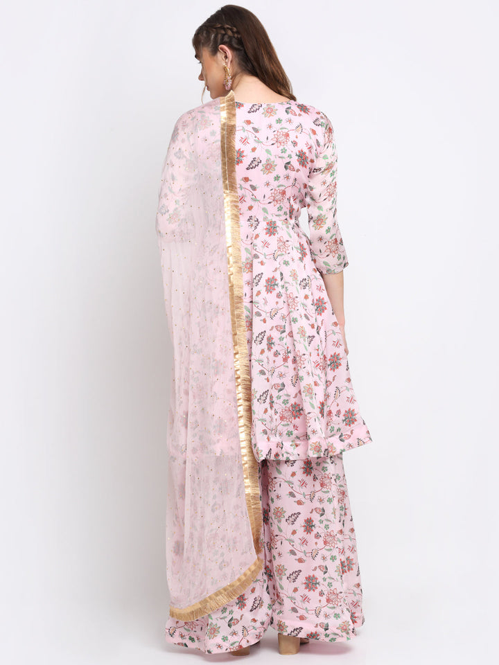anokherang Combos Gulabri Floral Anarkali with Kalidar Palazzo with Fringed Chiffon Dupatta