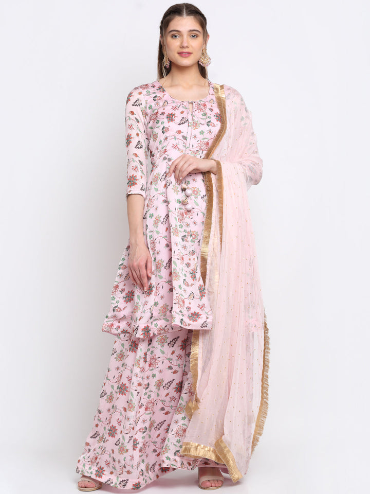 anokherang Combos Gulabri Floral Anarkali with Kalidar Palazzo with Fringed Chiffon Dupatta
