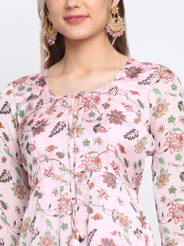 anokherang Combos Gulabri Floral Anarkali with Kalidar Palazzo with Fringed Chiffon Dupatta