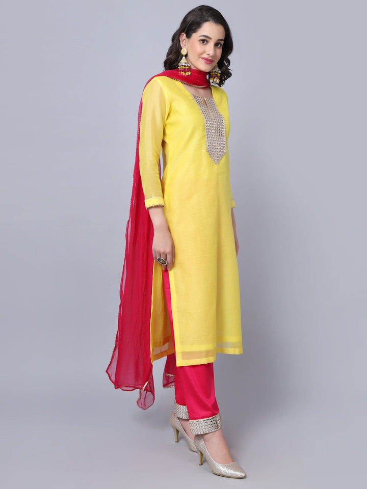 anokherang Combos Happy Yellow Mirror Kurti with Straight Pants and Dupatta