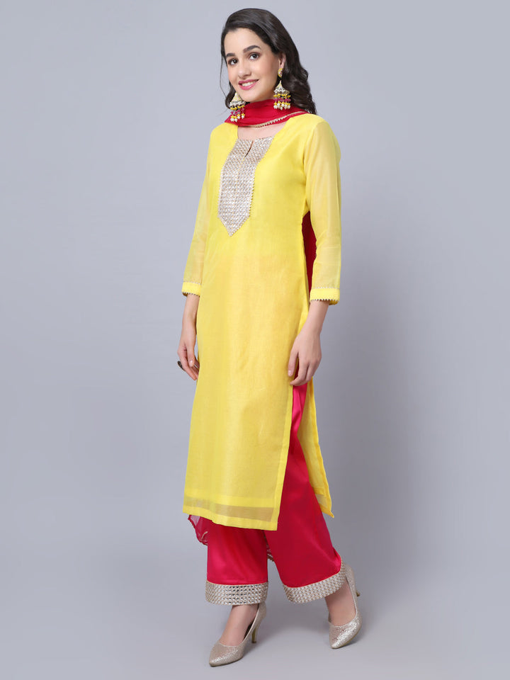 anokherang Combos Happy Yellow Mirror Kurti with Straight Pants and Dupatta