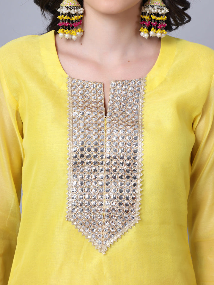 anokherang Combos Happy Yellow Mirror Kurti with Straight Pants and Dupatta
