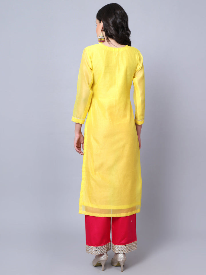 anokherang Combos Happy Yellow Mirror Kurti with Straight Pants and Dupatta