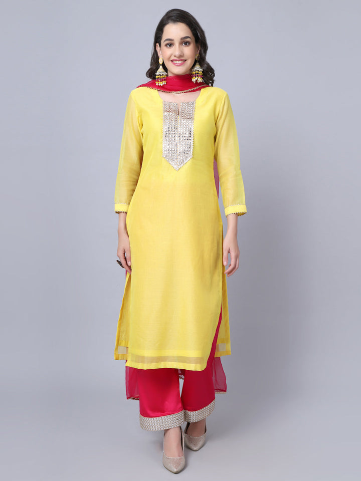 anokherang Combos Happy Yellow Mirror Kurti with Straight Pants and Dupatta