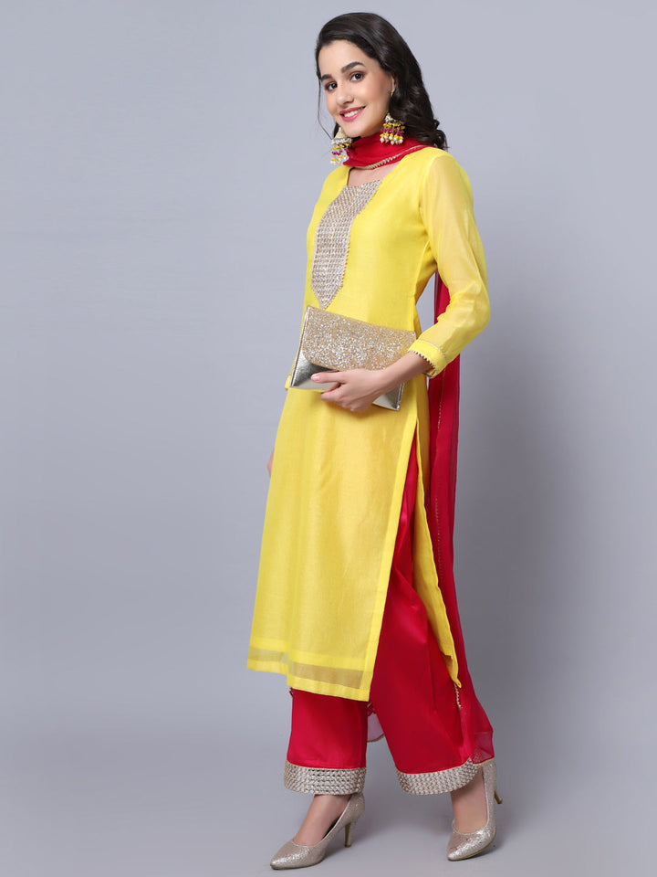 anokherang Combos Happy Yellow Mirror Kurti with Straight Pants and Dupatta